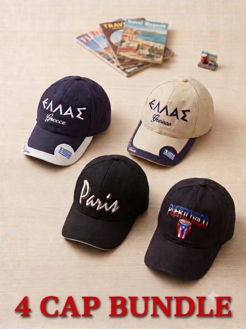 Greece (Greek), Paris, Puerto Rico Caps Adult Unisex Adjustable strap Lot of 4